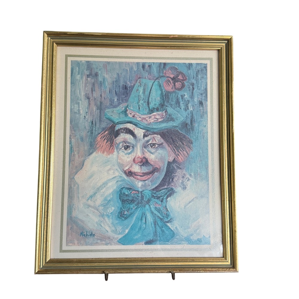 Vintage Michele Framed Clown Portrait Art Print Teal Pink Mid Century‎ Art